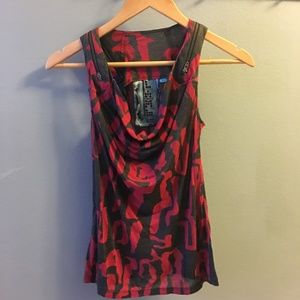 Red and grey racerback tank top with zipper design